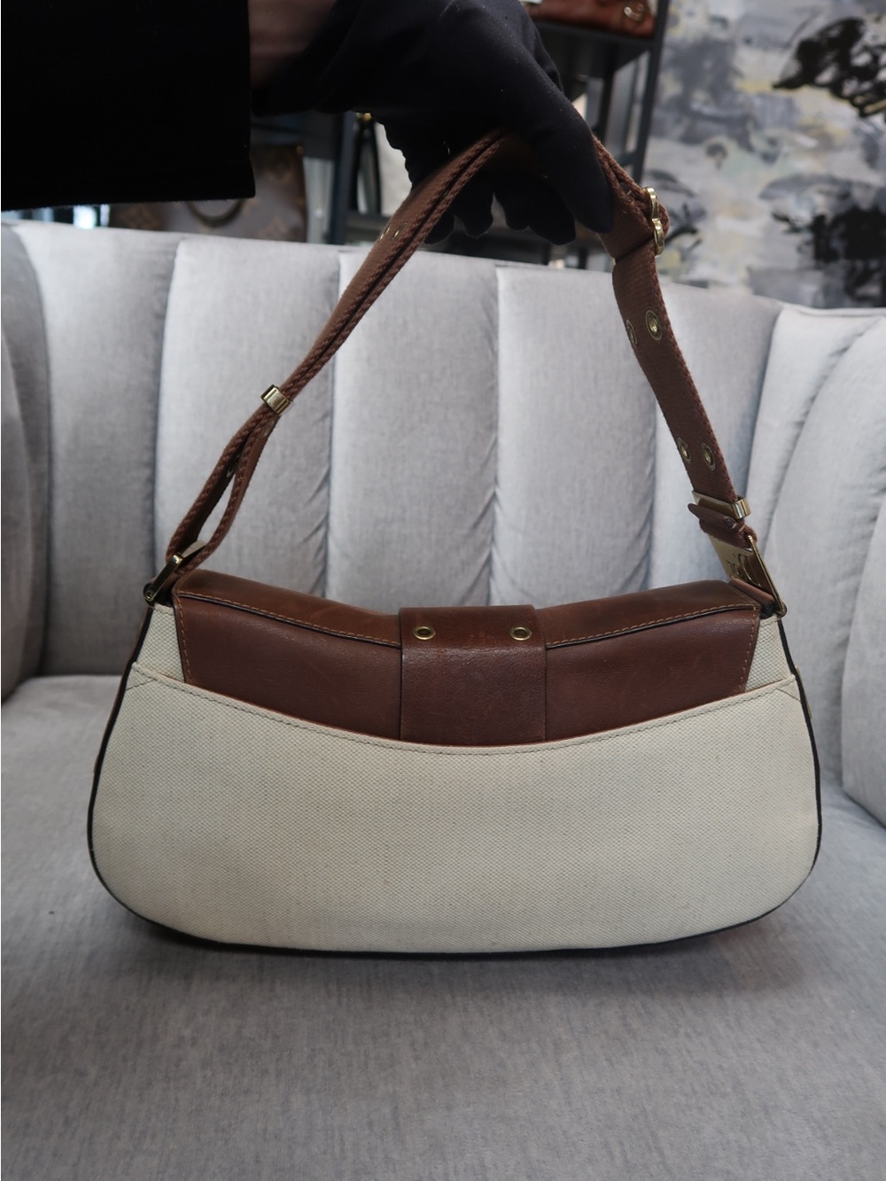 Dior Brown & Cream Canvas Shoulder Bag with Gold Hardware - Picture 6 of 10